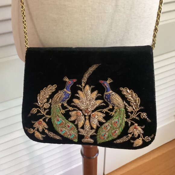 Vintage Zardozi Black Velvet Bag Clutch Gold Embroidery Double Peacock Design In - Picture 2 of 16